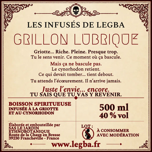 Étiquette verso de Grillon Lubrique, composition et mentions légales