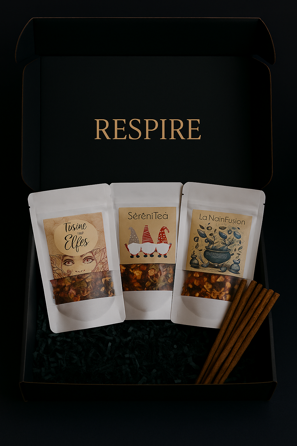 Coffret Respire de Legba, présenté ouvert avec trois sachets de thé doypack blancs et dix bâtons d’encens naturels sur papier de soie beige. Ambiance artisanale, chaleureuse et apaisante.
