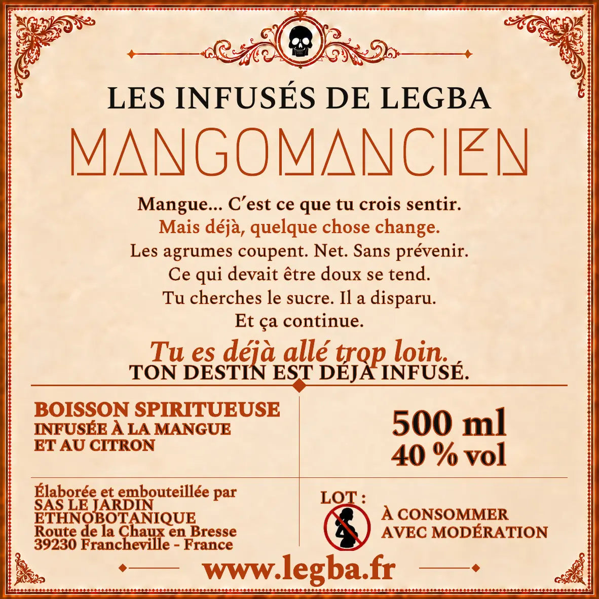 Étiquette verso du Mangomancien, composition et mentions légales