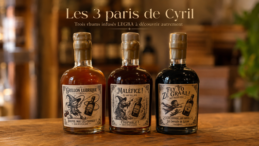 Trois rhums infusés LEGBA sélectionnés par Cyril : Grillon Lubrique, Maléfice et Fly to ze Graal