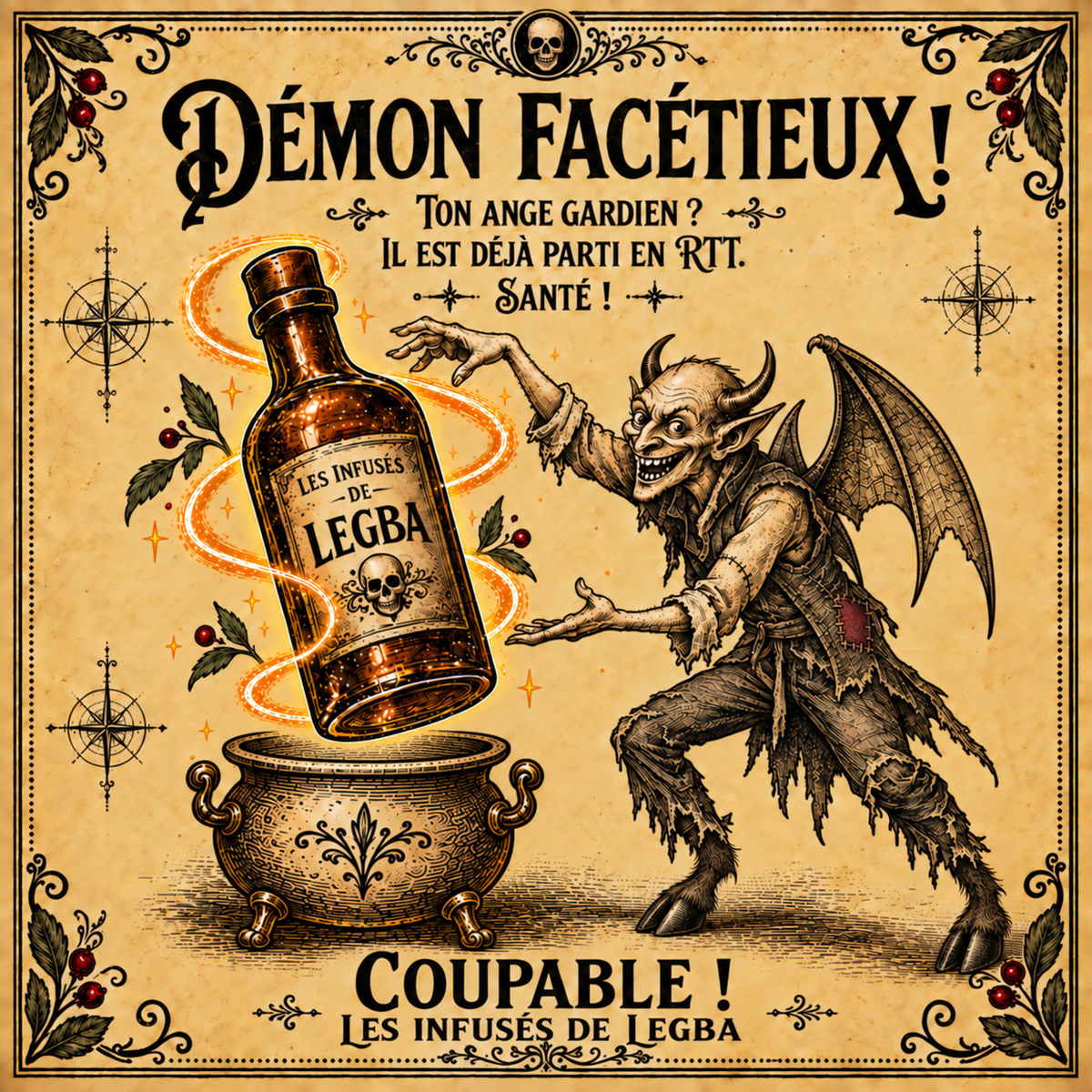 Bouteille du Démon Facétieux, rhum infusé kiwi et melon 49 % vol, étiquette recto