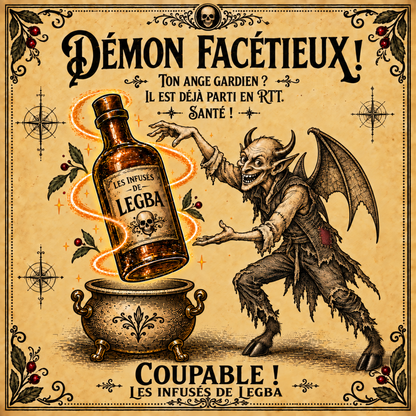 Bouteille du Démon Facétieux, rhum infusé kiwi et melon 49 % vol, étiquette recto