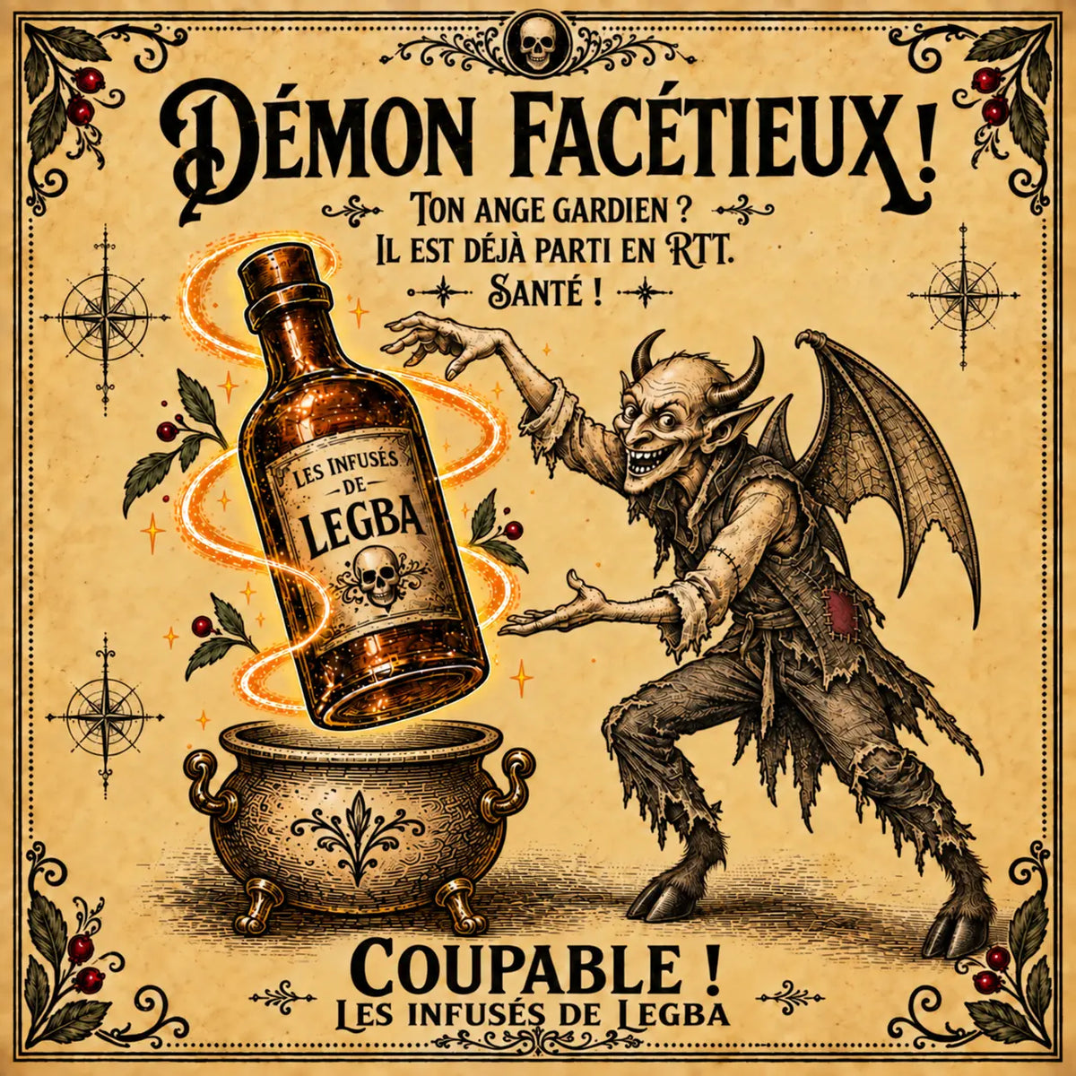 Bouteille du Démon Facétieux, infusé LEGBA à base de rhum, kiwi et melon, 49 % vol, étiquette recto