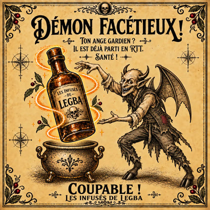 Bouteille du Démon Facétieux, infusé LEGBA à base de rhum, kiwi et melon, 49 % vol, étiquette recto