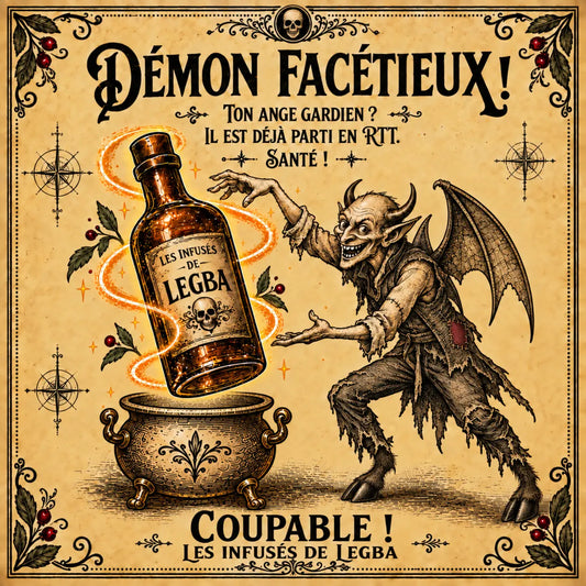 Bouteille du Démon Facétieux, infusé LEGBA à base de rhum, kiwi et melon, 49 % vol, étiquette recto