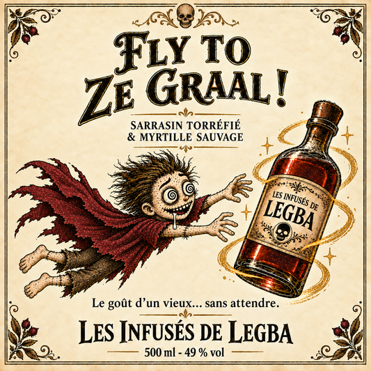 Bouteille de Fly to ze graal, rhum infusé sarrasin torréfié et myrtille 49 % vol