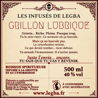 Étiquette verso de Grillon Lubrique, composition et mentions légales