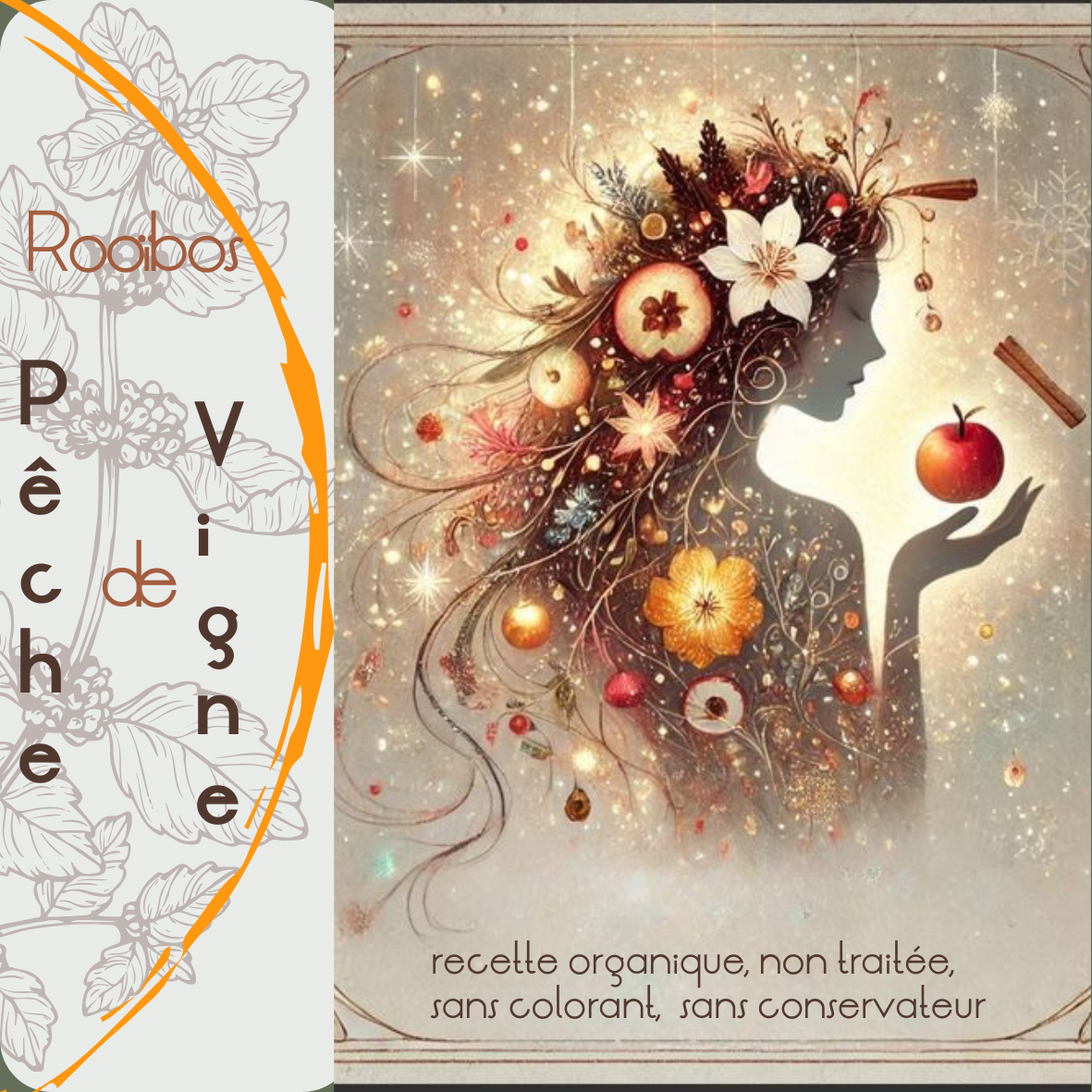 Infusion Pêche de Vigne LEGBA, tisane fruitée pêche rooibos avec pomme, raisin, carotte et souci