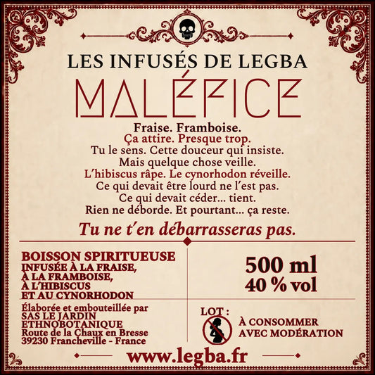 Étiquette verso de Maléfice, composition et mentions légales