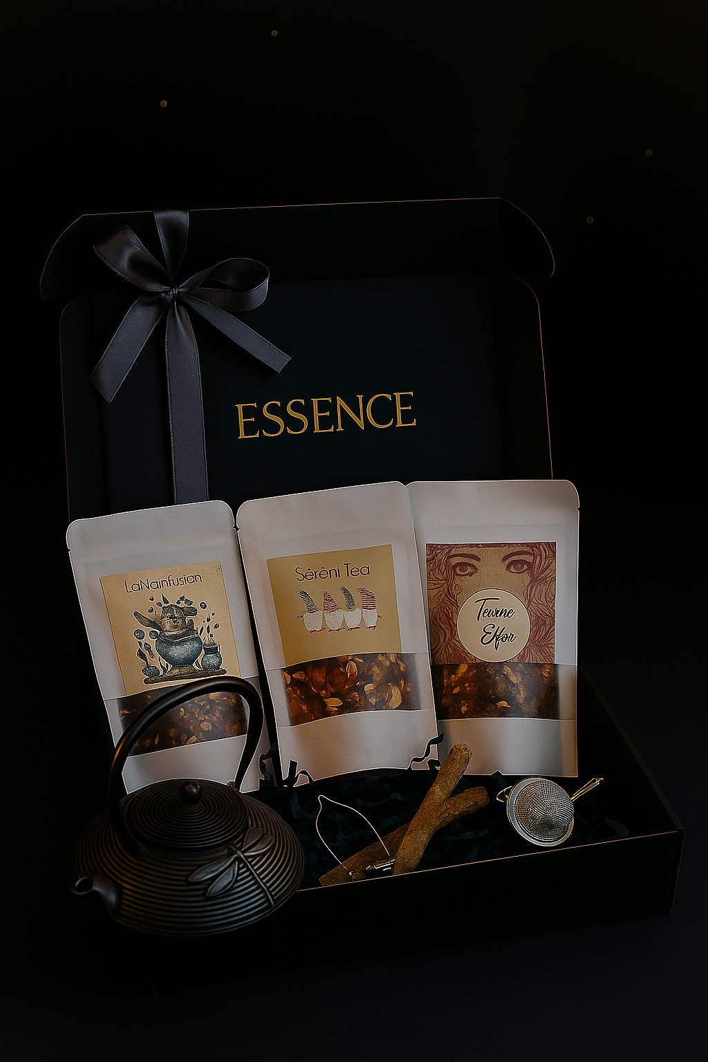 Coffret Essence de Legba, présenté ouvert avec trois sachets de thé doypack blancs, une théière en fonte, une boule à thé et une cuillère en bois. Ambiance artisanale, douce et chaleureuse.