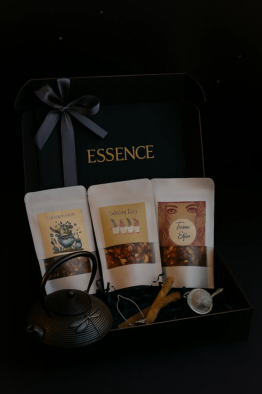 Coffret Essence de Legba, présenté ouvert avec trois sachets de thé doypack blancs, une théière en fonte, une boule à thé et une cuillère en bois. Ambiance artisanale, douce et chaleureuse.
