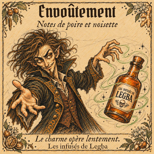 Envoûtement, boisson spiritueuse rhum - noisette, noix et gingembre, 49 % vol, étiquette recto