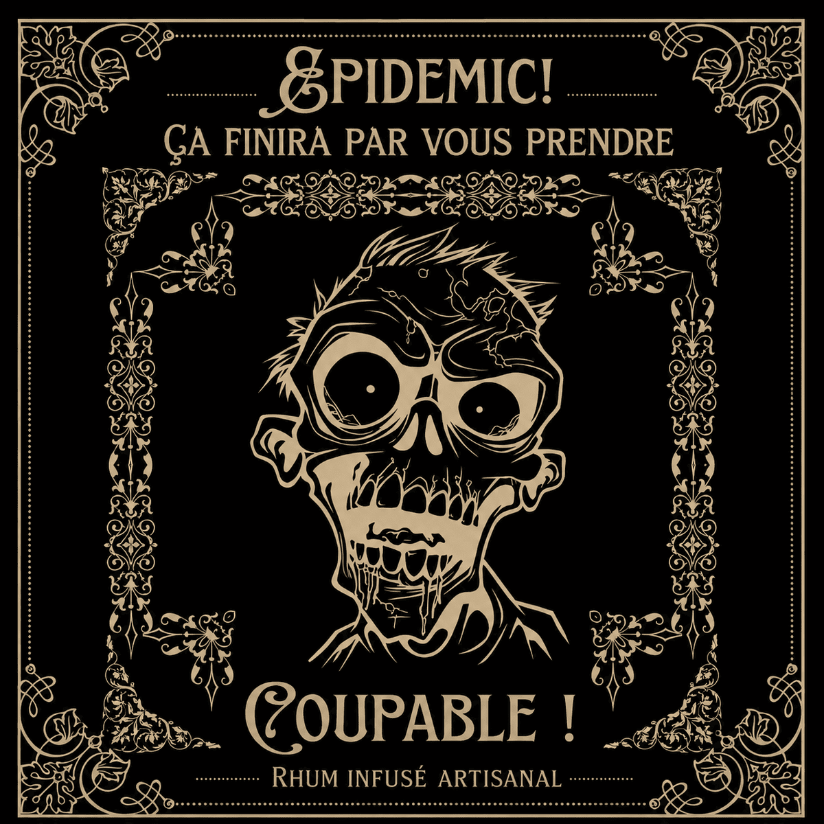 Bouteille d'Epidemic, rhum infusé fraise, coco et ananas 49 % vol, étiquette LEGBA