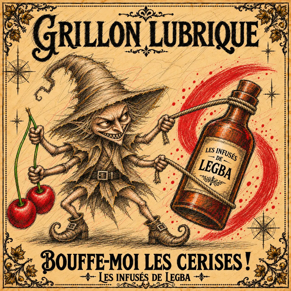 Bouteille de Grillon Lubrique, infusé LEGBA à base de rhum, griotte et ananas, 40 % vol, étiquette recto