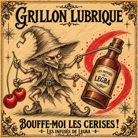Bouteille de Grillon Lubrique, infusé LEGBA à base de rhum, griotte et ananas, 40 % vol, étiquette recto