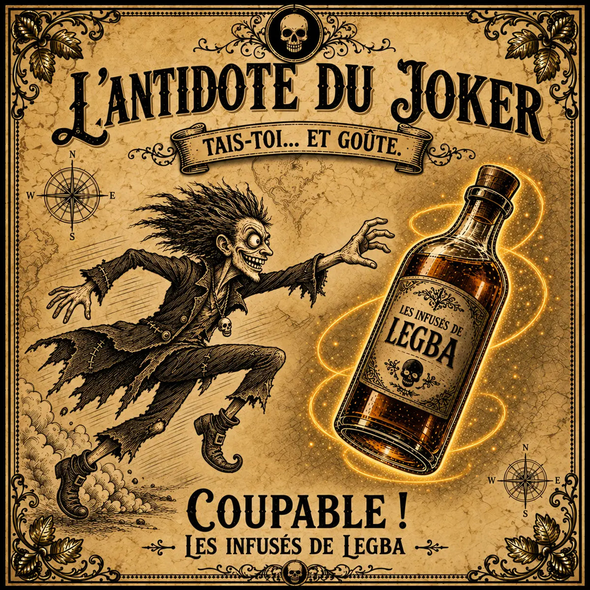 Bouteille de L'Antidote du Joker, infusé LEGBA à base de rhum, cacao et citron, 49 % vol, étiquette recto