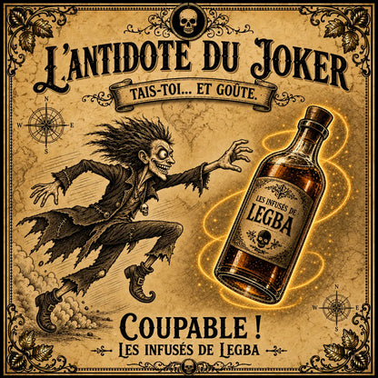 Bouteille de L'Antidote du Joker, infusé LEGBA à base de rhum, cacao et citron, 49 % vol, étiquette recto