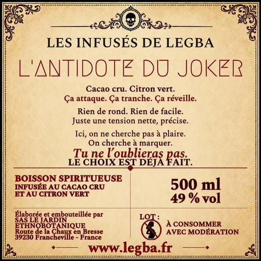 Étiquette verso de L'Antidote du Joker, composition et mentions légales