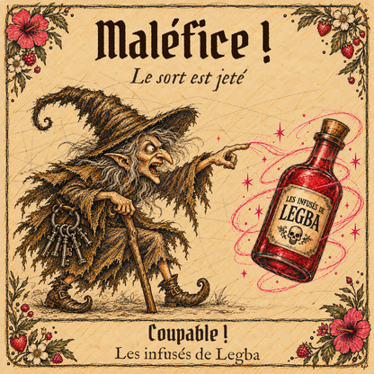 Maléfice, infusé LEGBA à base de rhum, fraise, framboise, hibiscus et cynorhodon, 40 % vol, illustration de la sorcière