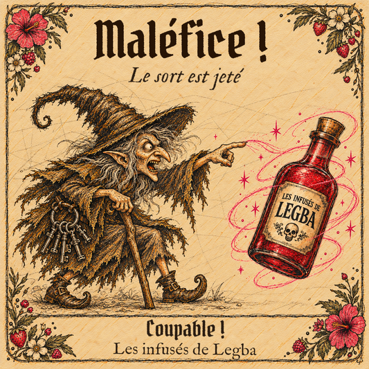 Maléfice, infusé LEGBA à base de rhum, fraise, framboise, hibiscus et cynorhodon, 40 % vol, illustration de la sorcière