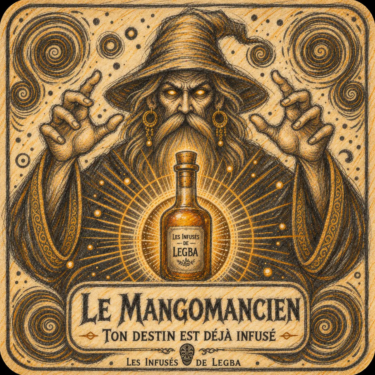 Bouteille du Mangomancien, infusé LEGBA à base de rhum, mangue, 40 % vol, étiquette recto