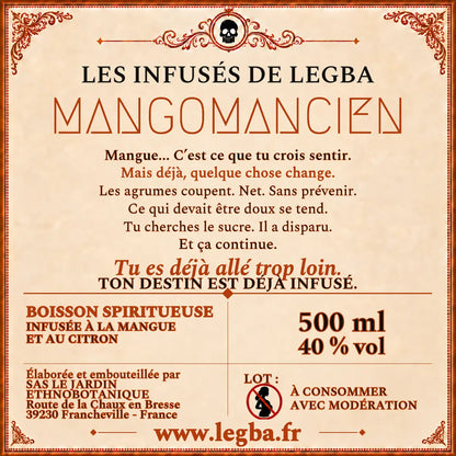 Étiquette verso du Mangomancien, composition et mentions légales