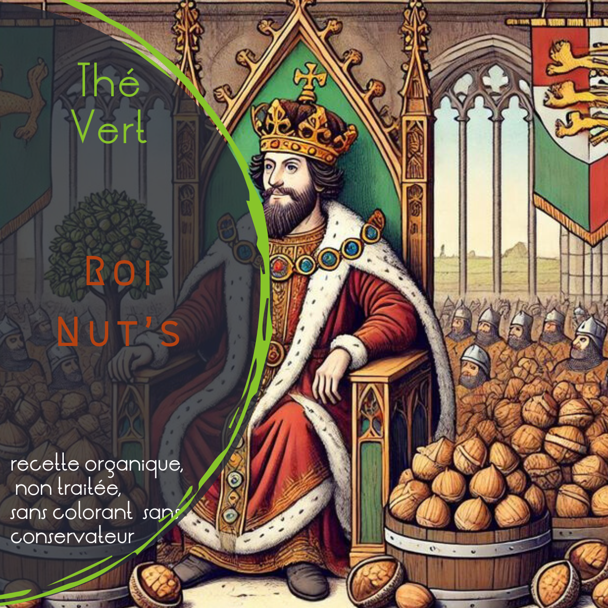  Étiquette du thé vert Crispy Nut – saveur noisette, illustration d’un roi entouré de noix