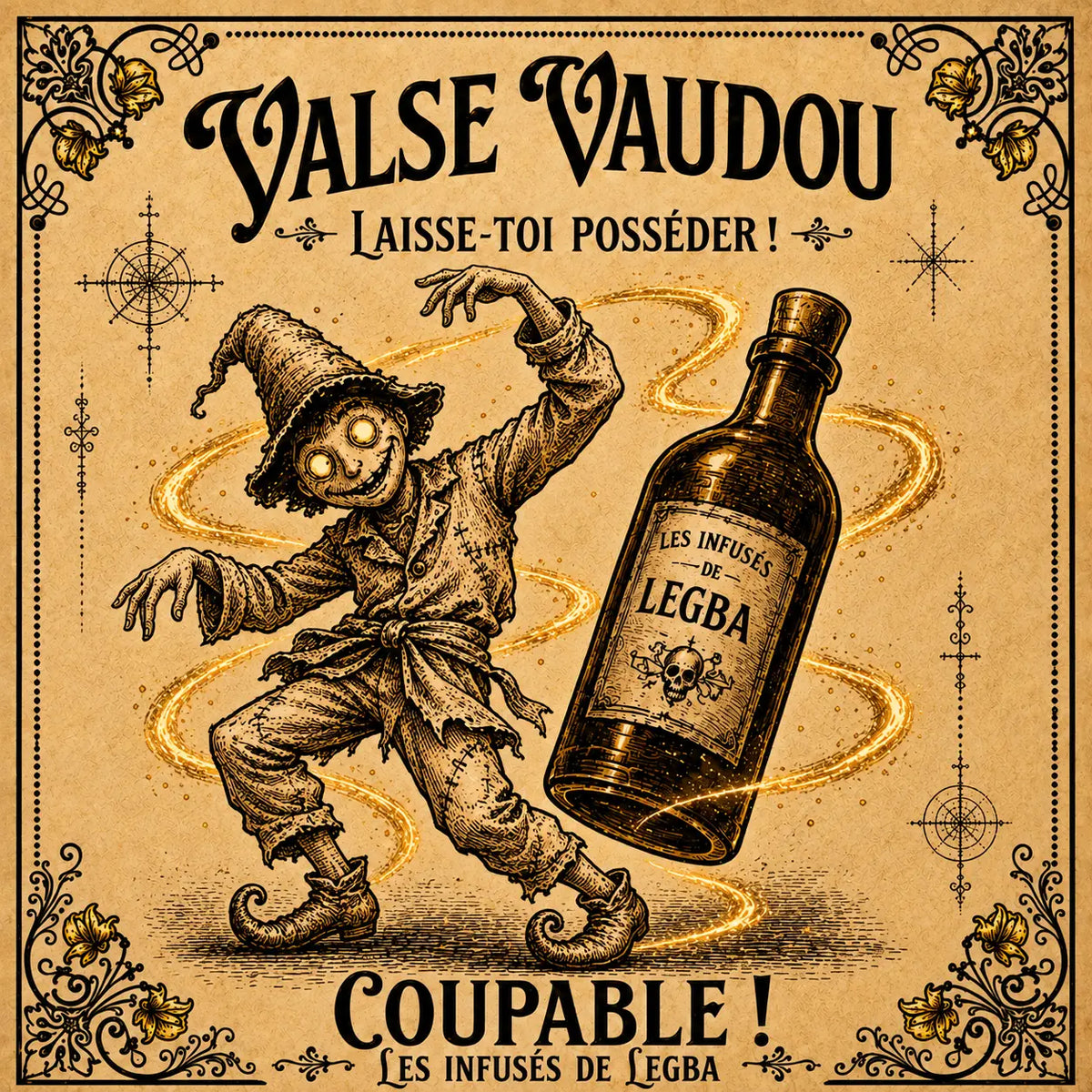 Bouteille de Valse Vaudou, infusé LEGBA à base de rhum, citron et hibiscus, 49 % vol, étiquette recto