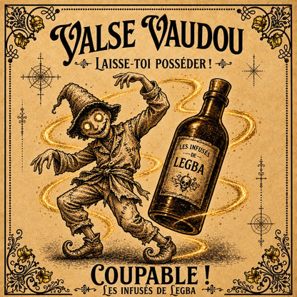 Bouteille de Valse Vaudou, infusé LEGBA à base de rhum, citron et hibiscus, 49 % vol, étiquette recto