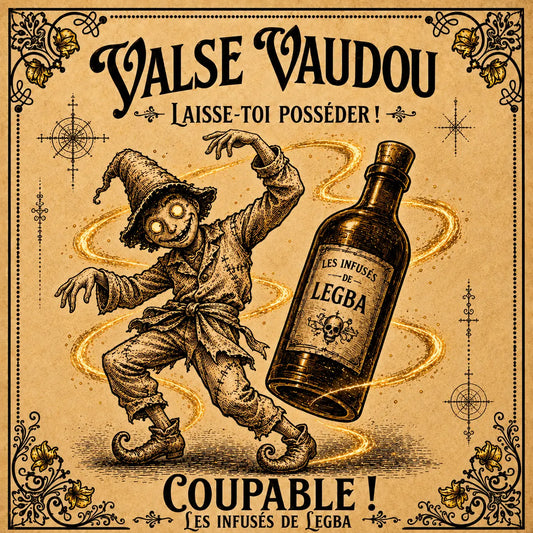 Bouteille de Valse Vaudou, infusé LEGBA à base de rhum, citron et hibiscus, 49 % vol, étiquette recto